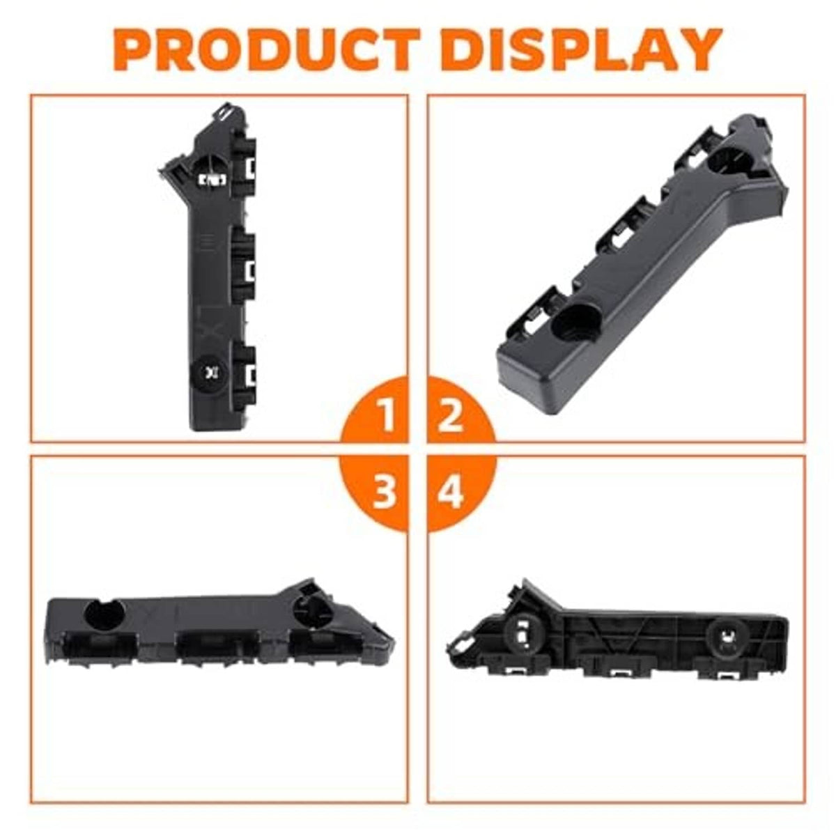 Two black front bumper cover support brackets displayed from multiple angles