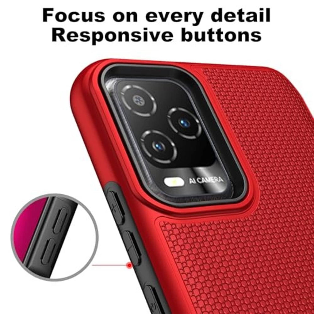 Red textured phone case with camera window and responsive side button openings
