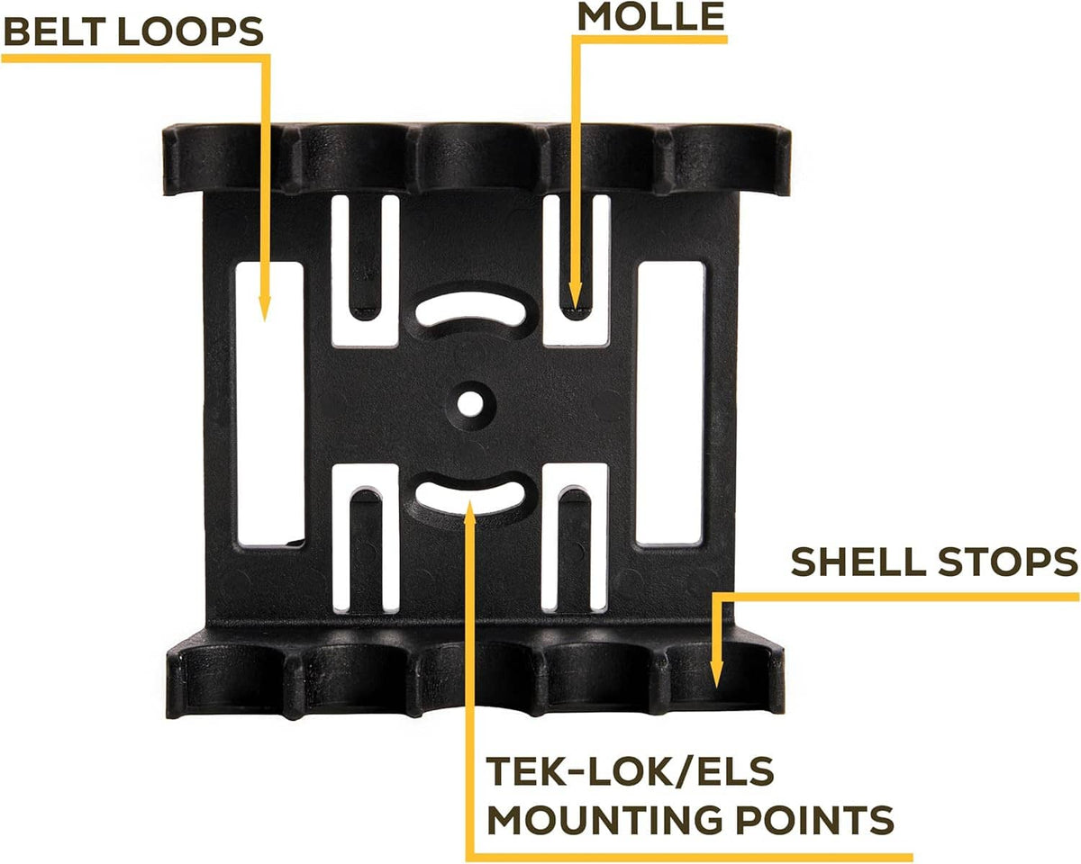 Black loader mounting plate with belt loops, shell stops, and Tek-Lok/Els points