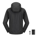 Black hooded heated softshell jacket, full-zip, long sleeves, back view.