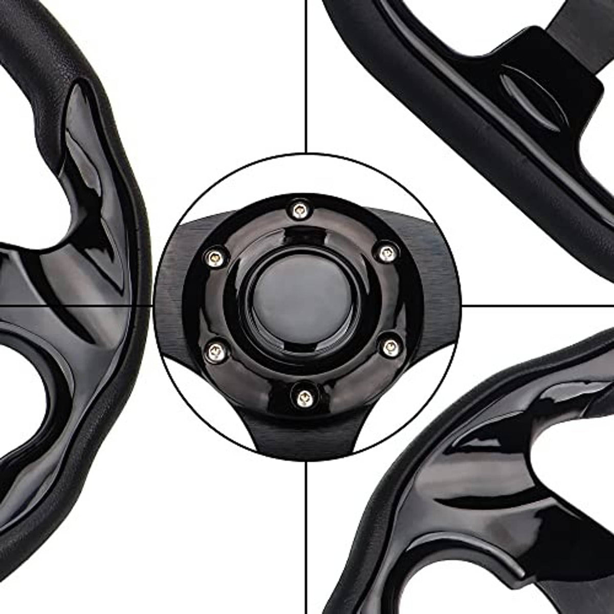 Close-up of black steering wheel center hub with mounting screws