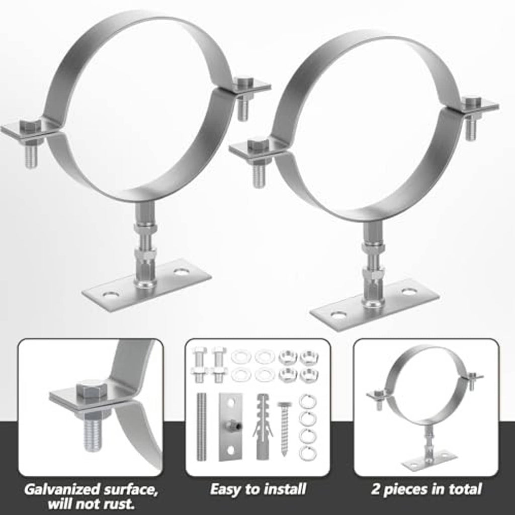 Two adjustable pipe split-ring brackets with base plates and included hardware