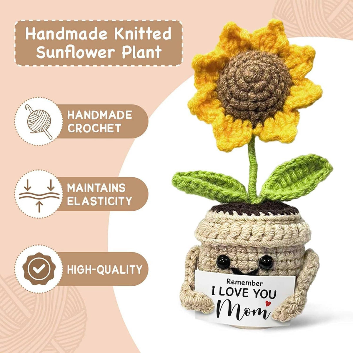 Handmade crocheted sunflower plant in beige pot with yellow petals, green leaves, 'Remember I love you Mom' label