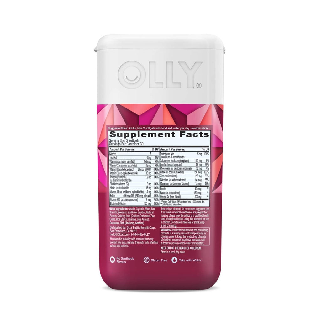 Back view of OLLY women's multi softgels supplement facts label on red bottle.