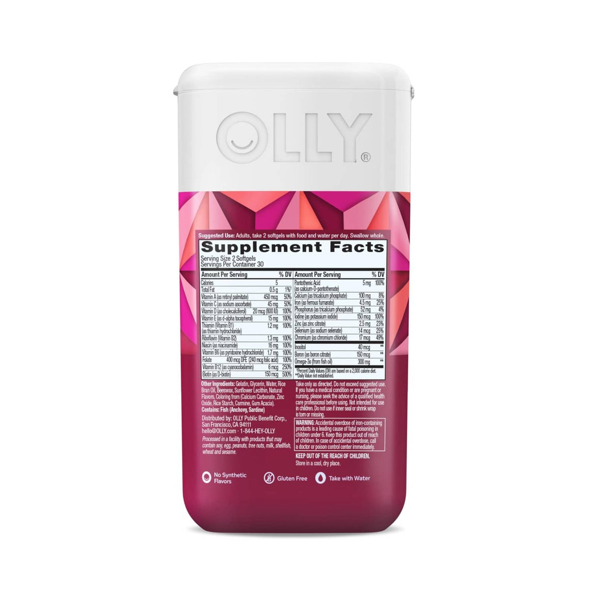 Back view of OLLY women's multi softgels supplement facts label on red bottle.