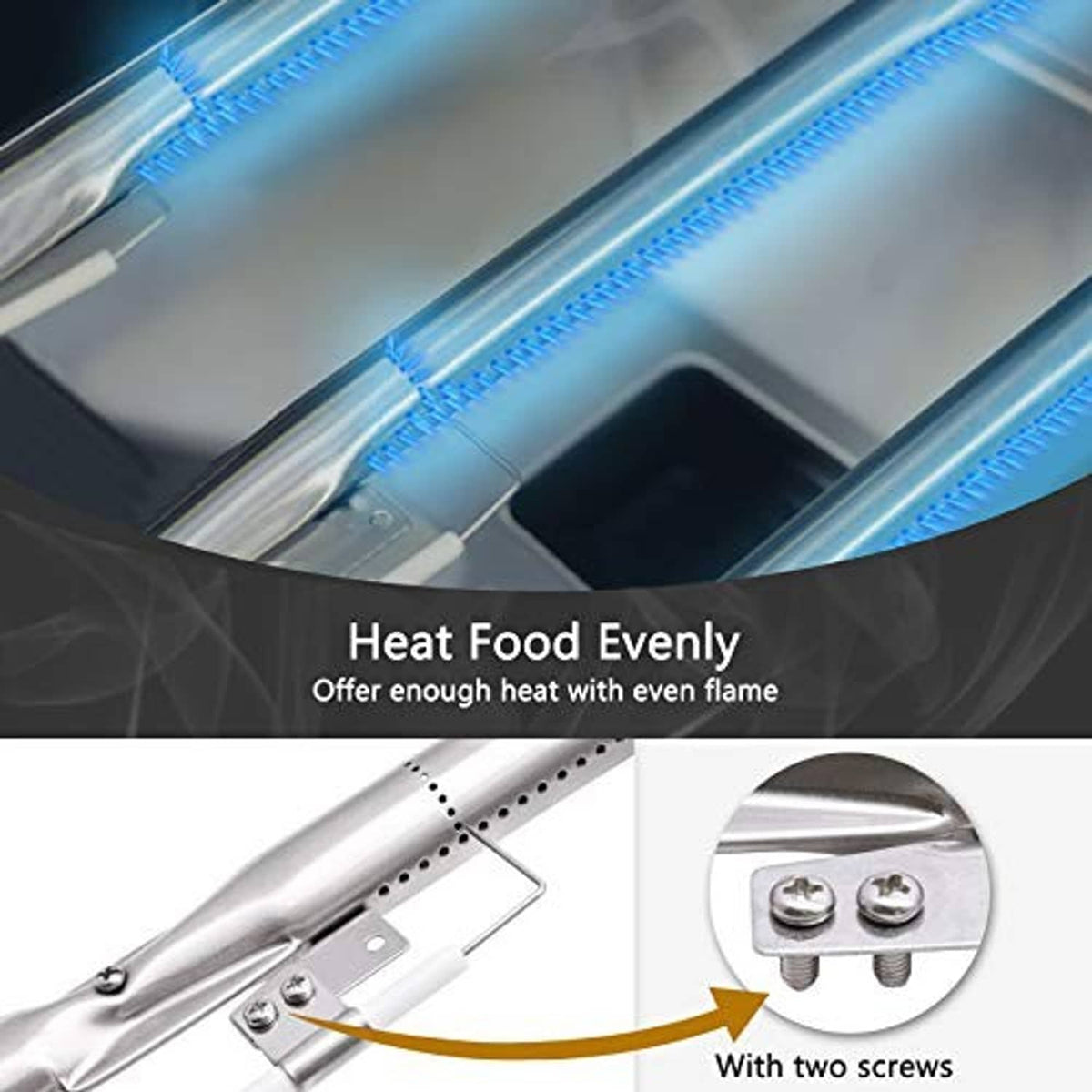 Heat-focusing burner tube with vented flame openings and two-screw mounting