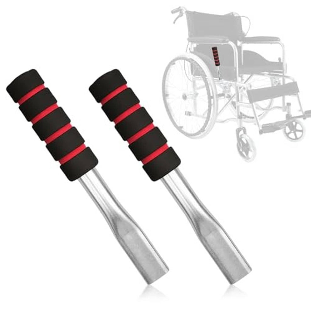 Angled pair of wheelchair brake extenders with black/red foam grips on silver shafts