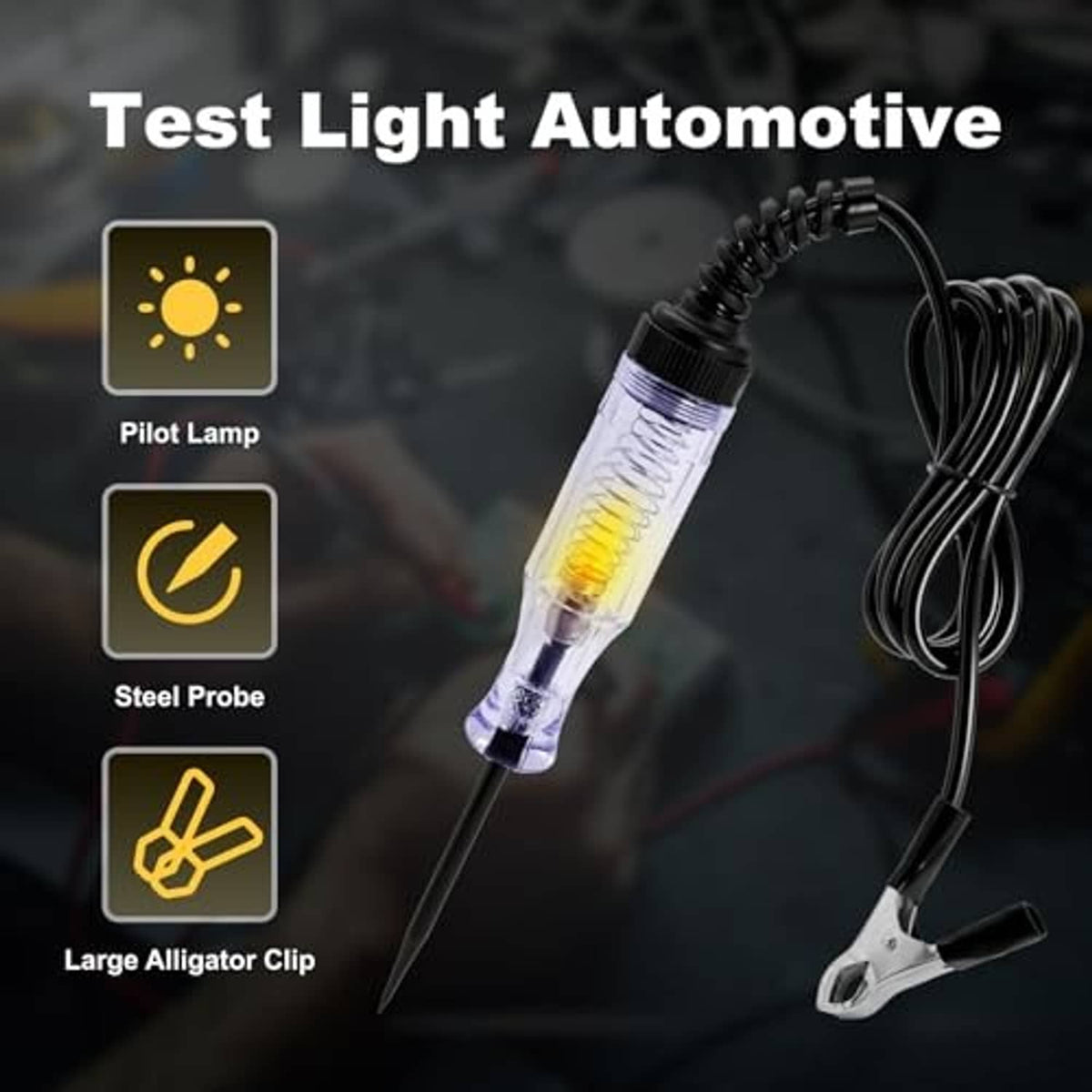 Automotive test light with steel probe, glowing pilot lamp, and wire with alligator clip