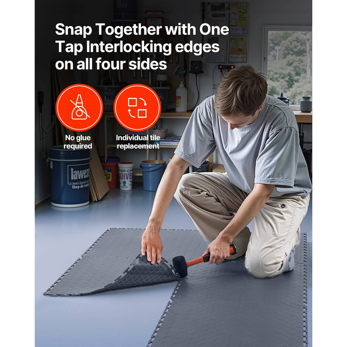 Gray PVC interlocking garage tiles with interlocking edges for quick snap installation