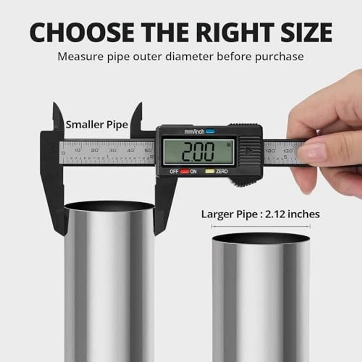 Pipe sizing with caliper and stainless exhaust band clamp for 2-inch pipes