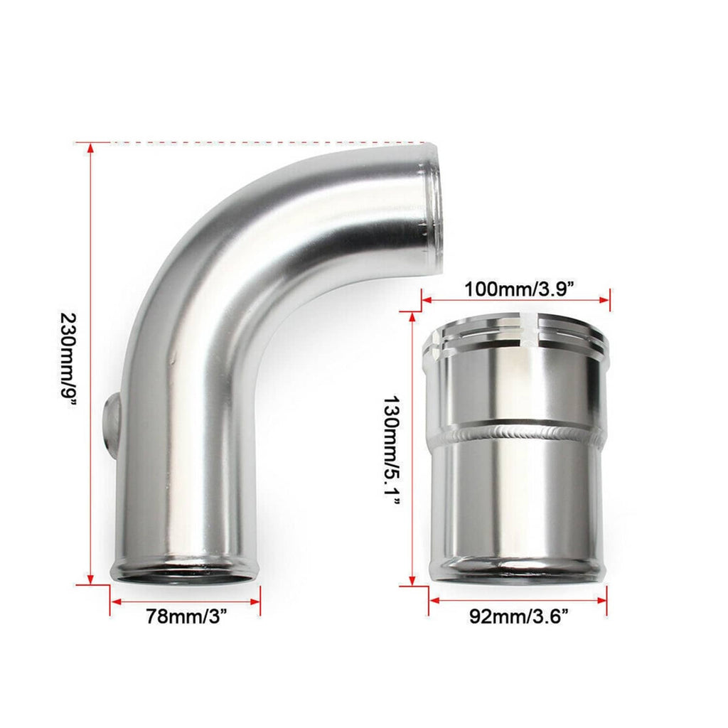 Stainless 90-degree elbow pipe with metal coupler fittings and size measurements