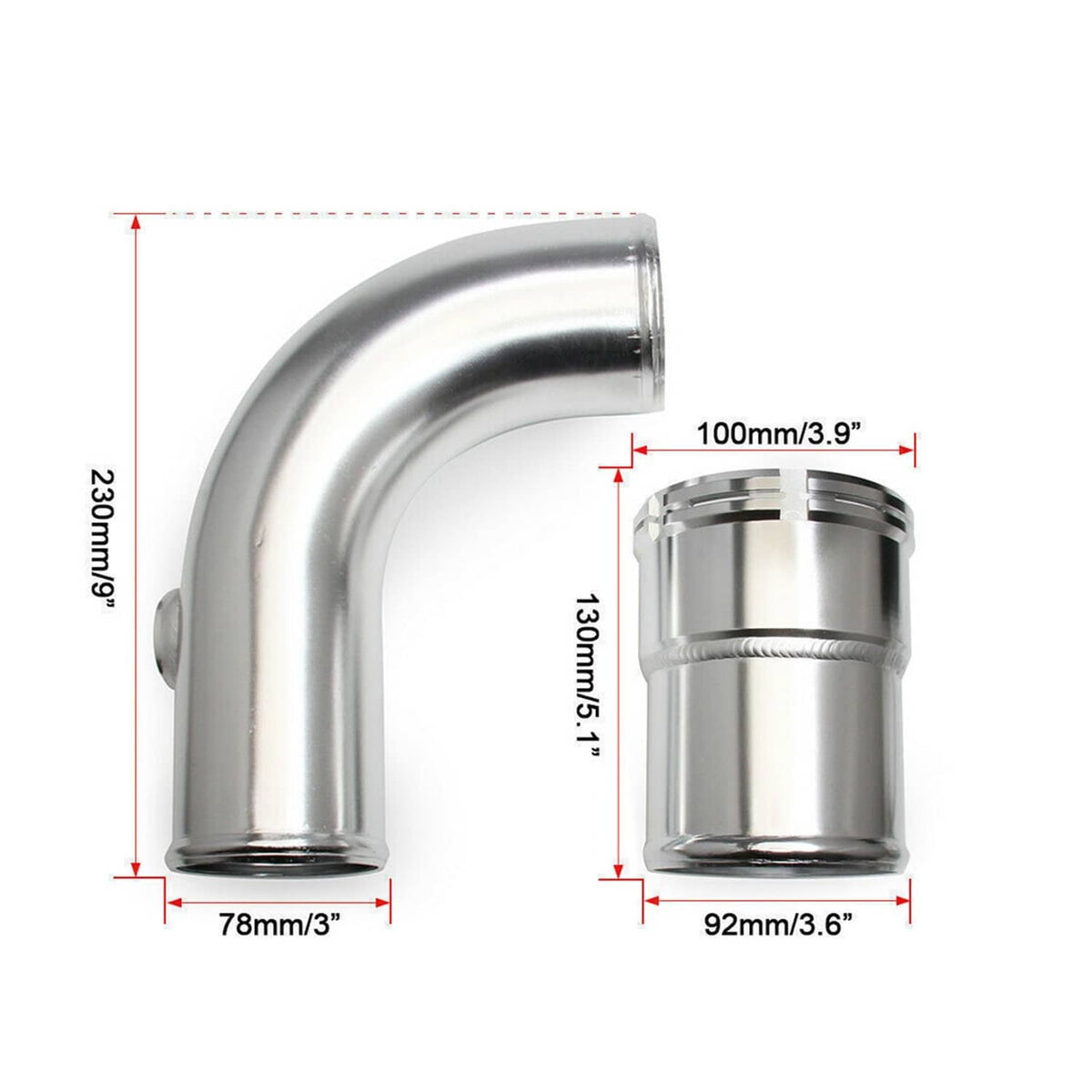 Stainless 90-degree elbow pipe with metal coupler fittings and size measurements