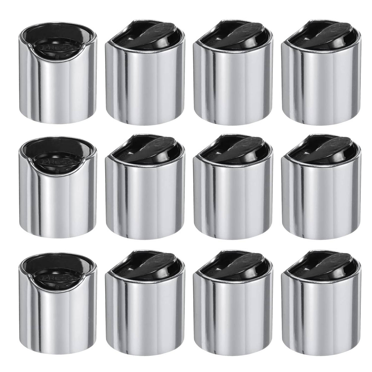 Aluminized plastic disc top caps (24/410), silver with black tops, set of 12