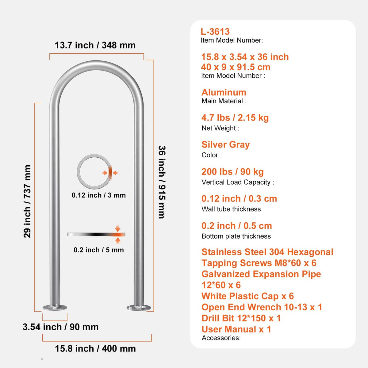 Silver-gray aluminum U-shaped handrail with base plates and visible thickness measurements