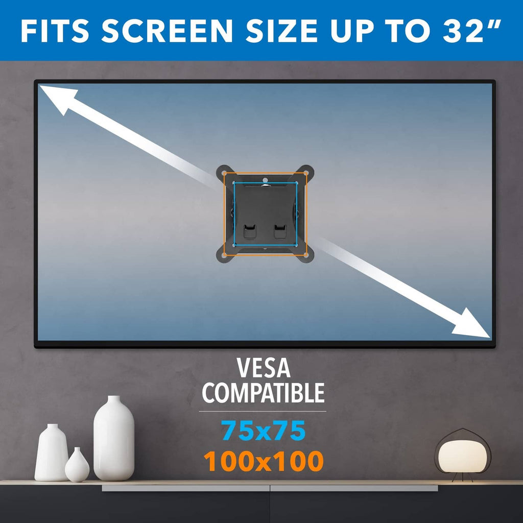 TV wall mount supports VESA 75x75 and 100x100, fits screens up to 32 in