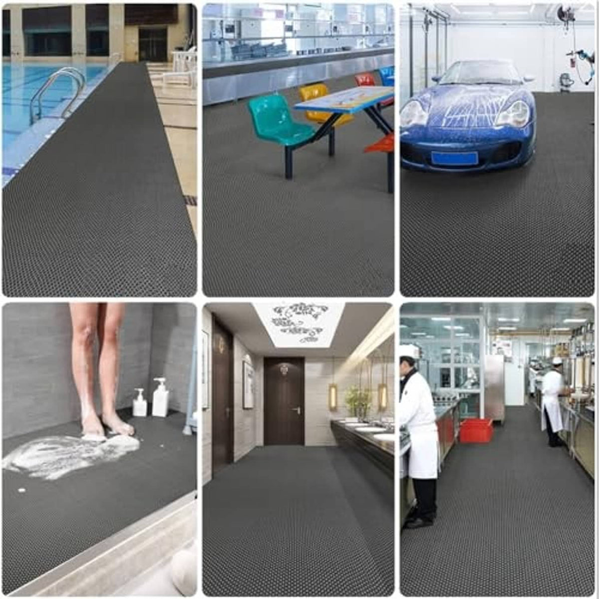 Set of dark gray textured poolside mats with non-slip surface