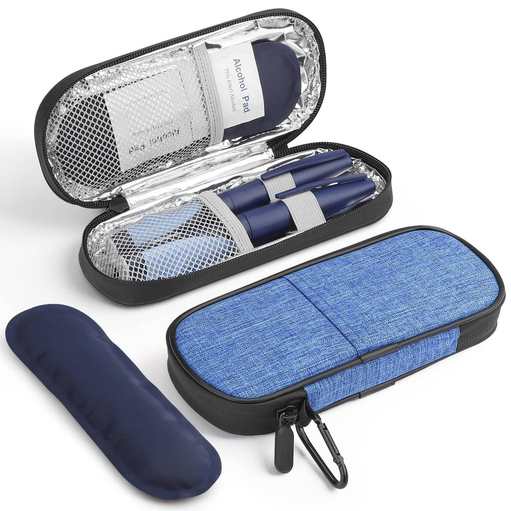 Blue insulated insulin travel cooler case, open with inner compartments and zipper closure.