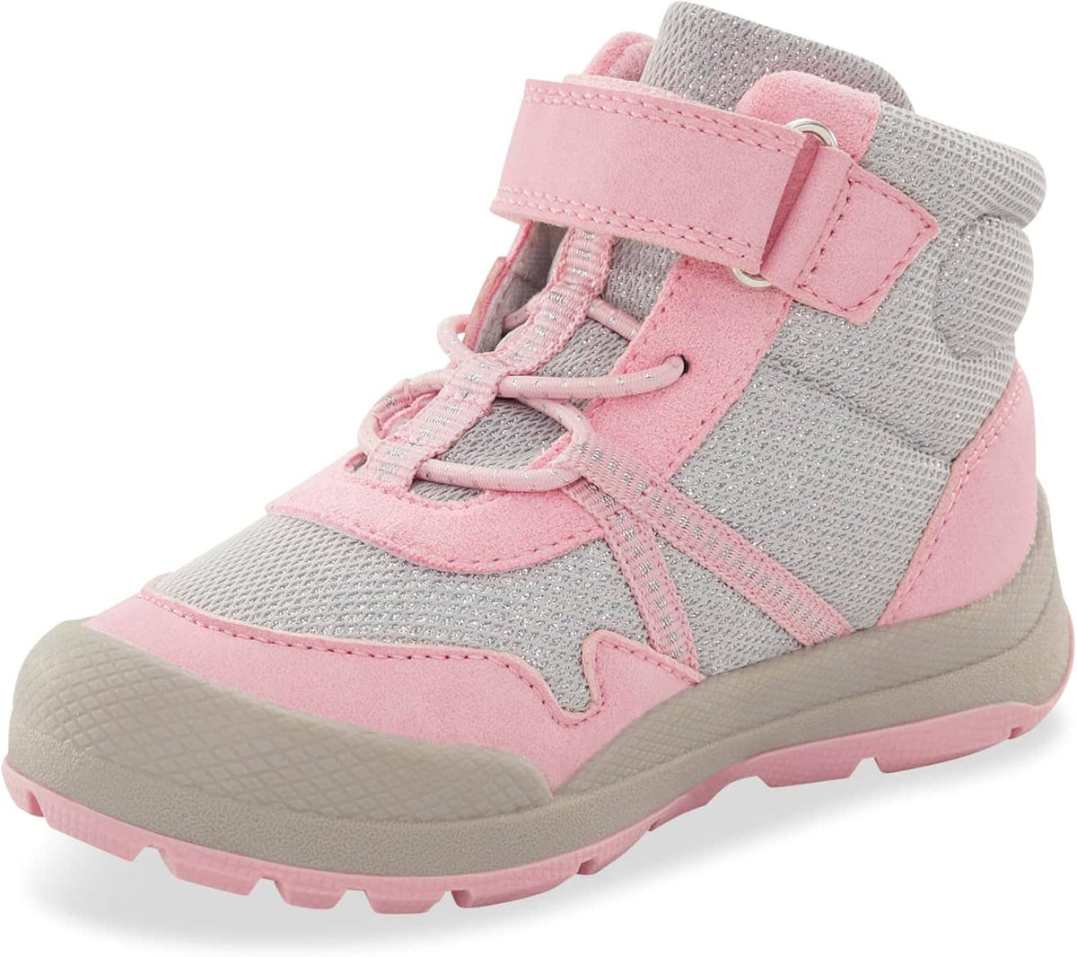 Kids' high-top sneakers with pink side strap and lace-up front, cushioned sole