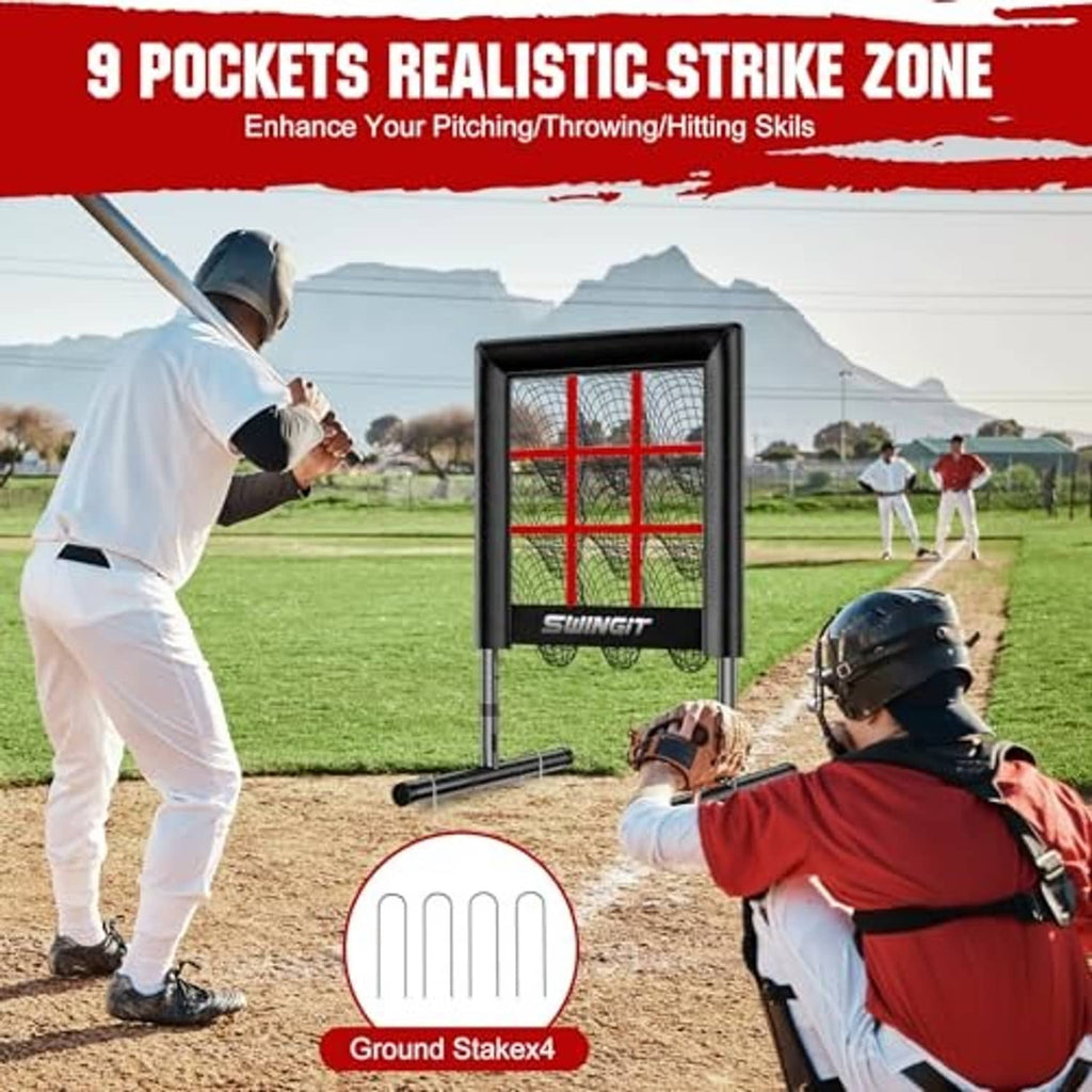 Freestanding black strike-zone pitching net with red grid for throwing practice