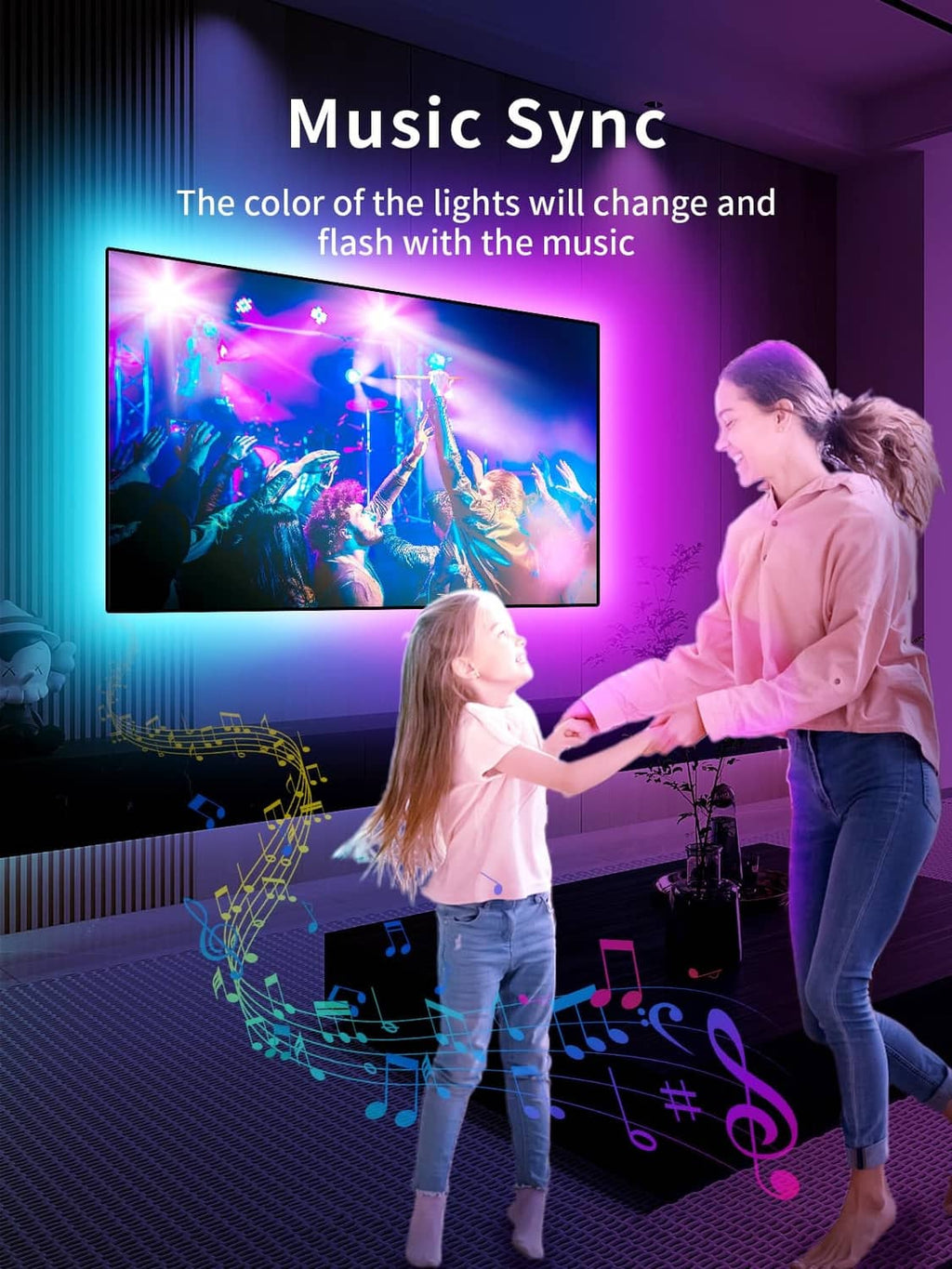 Multicolor LED TV light strip with music-reactive color effects around TV