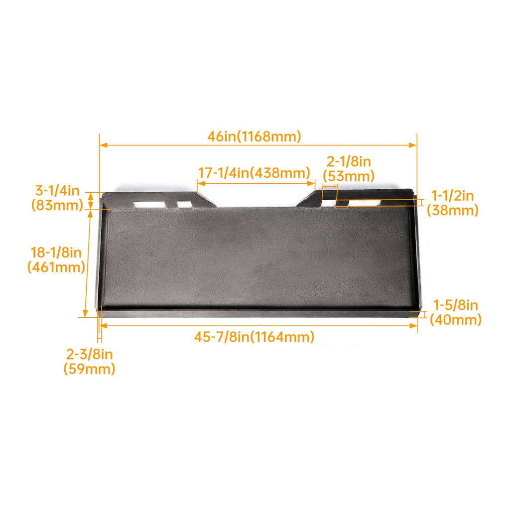 Skid steer mount adapter plate with length and width measurements shown