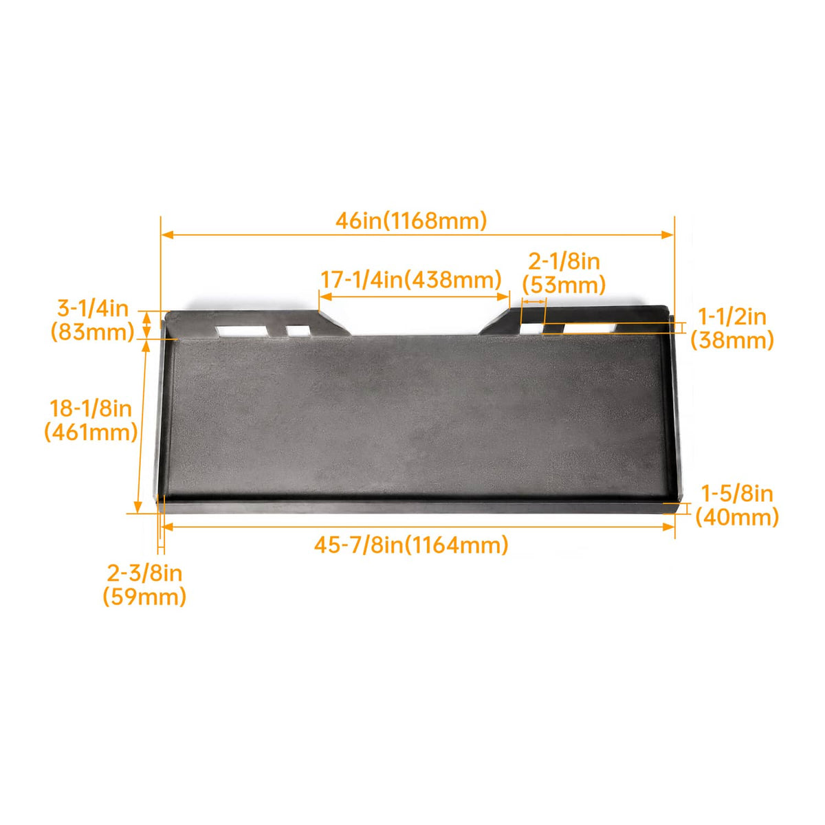 Skid steer mount adapter plate with length and width measurements shown