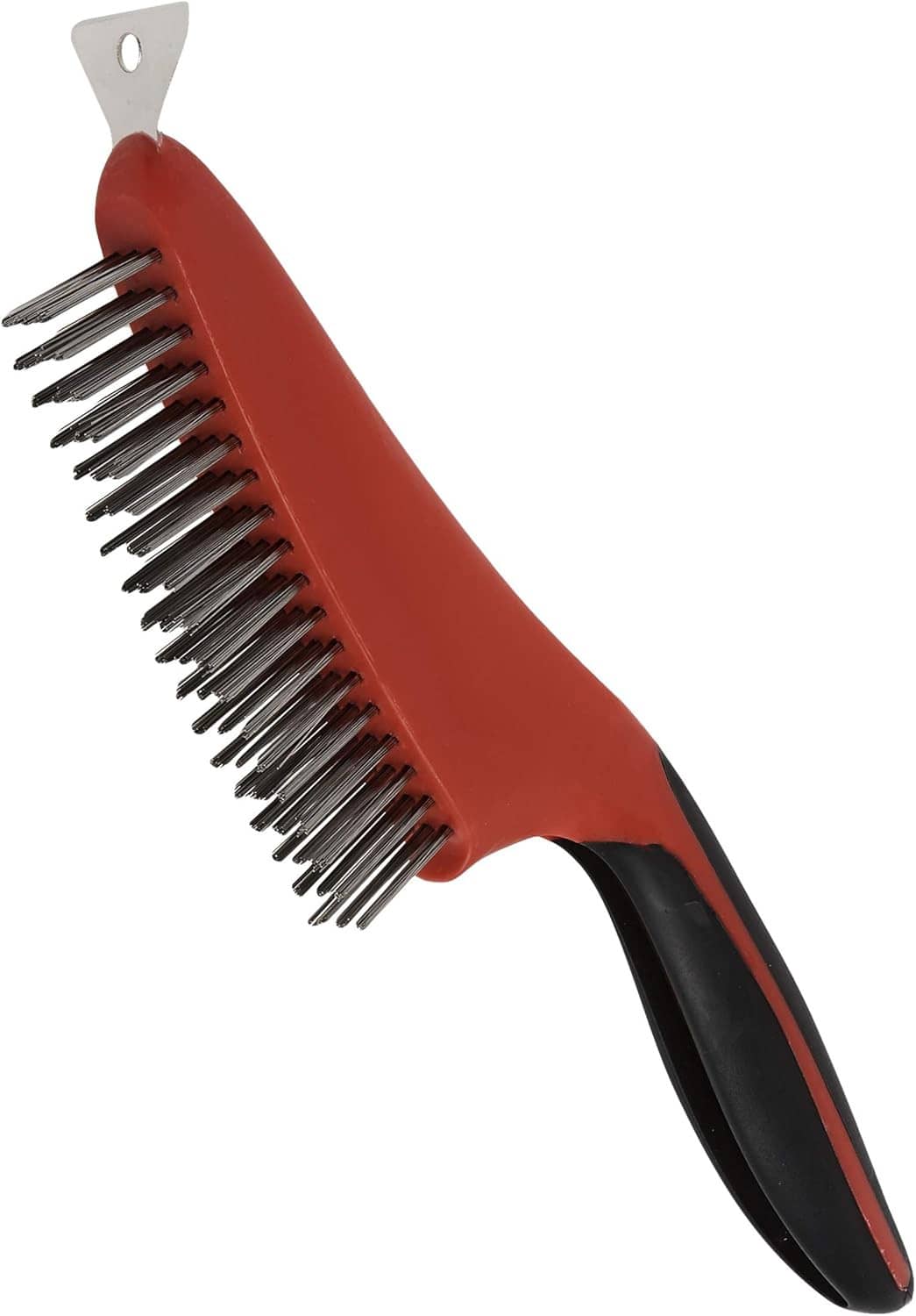 Stainless steel wire brush with scraper, red soft-grip handle and black end