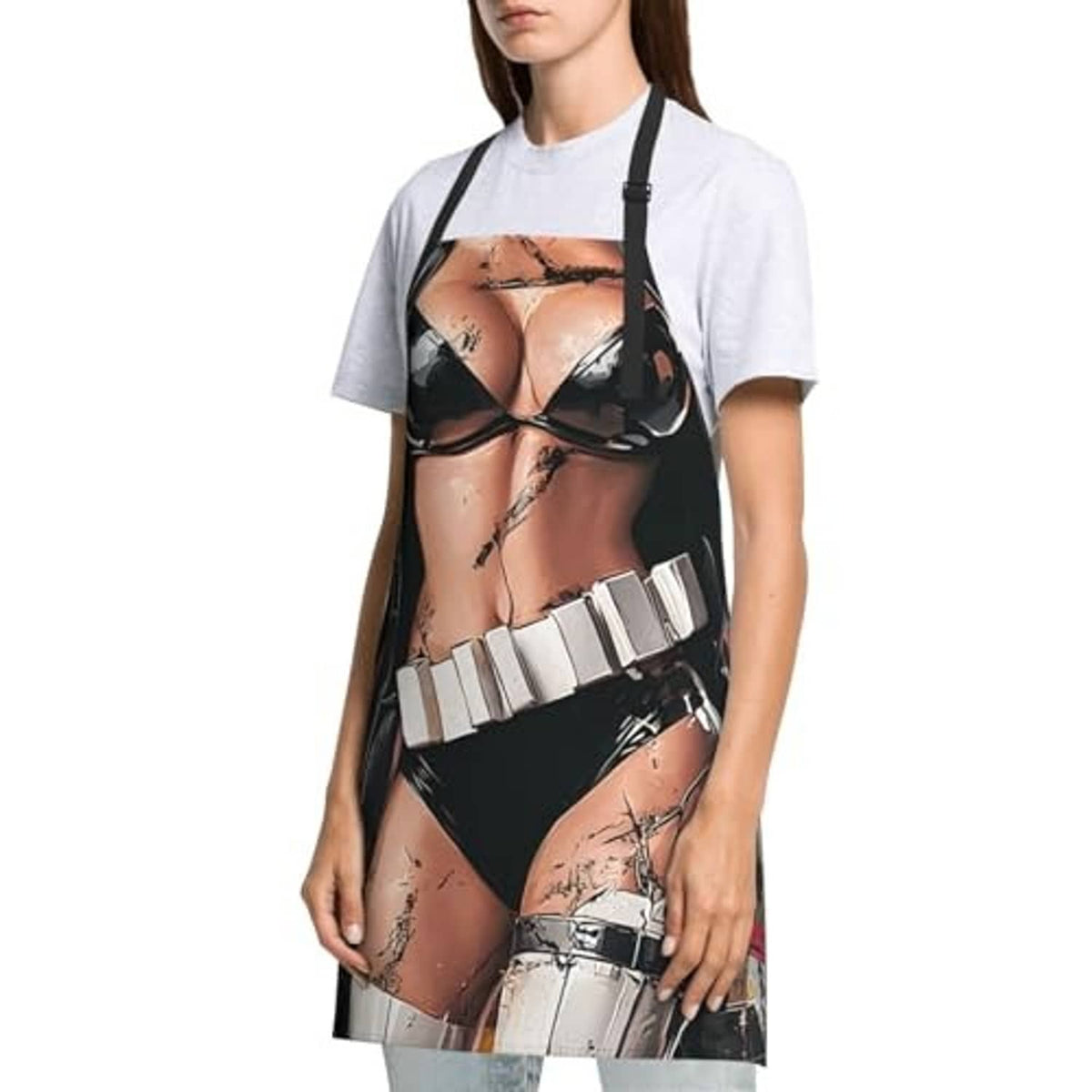 Skeleton-themed black apron with chest coverage, adjustable neck and waist ties