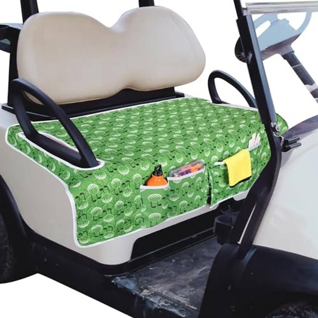 Universal green golf cart seat cover with golf ball pattern and white trim on bench seat
