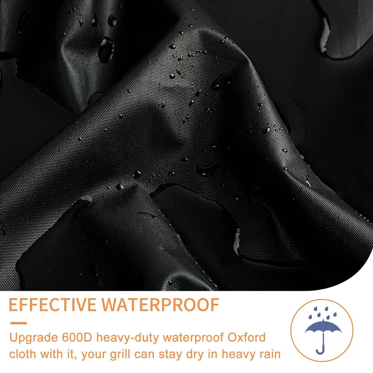 Black waterproof grill cover fabric with water droplets on the textured surface