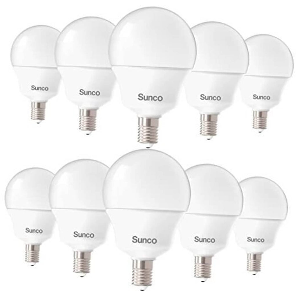 Pack of 10 white candelabra LED bulbs with E12 screw bases on white background