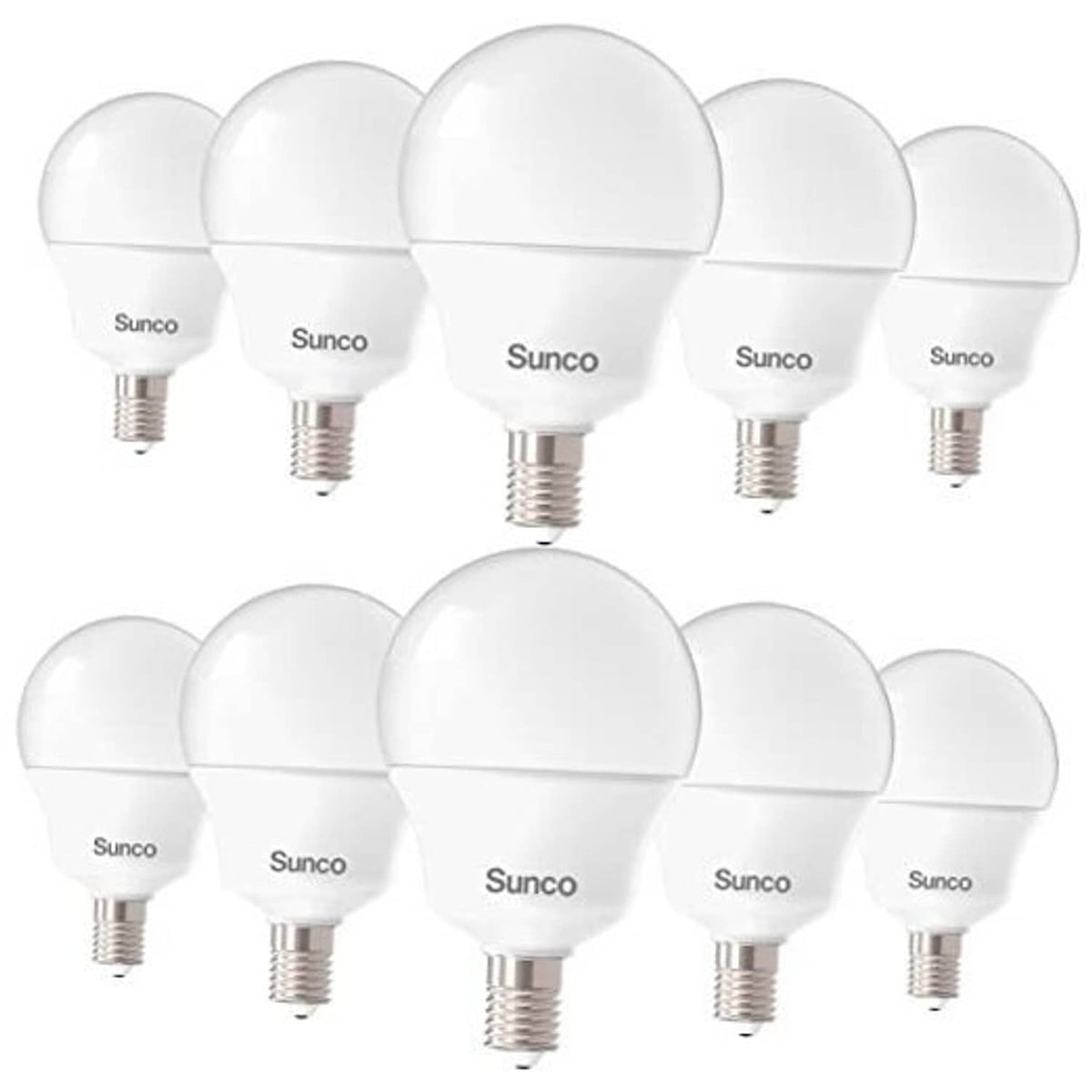 Pack of 10 white candelabra LED bulbs with E12 screw bases on white background