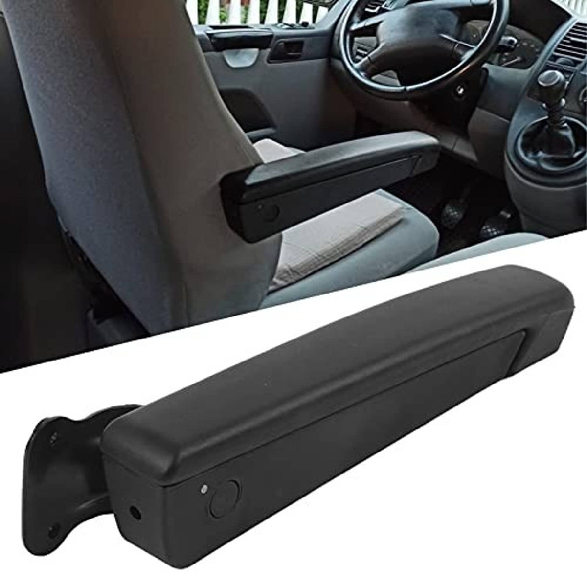 Black padded car seat armrest installed beside seat with mounting plate