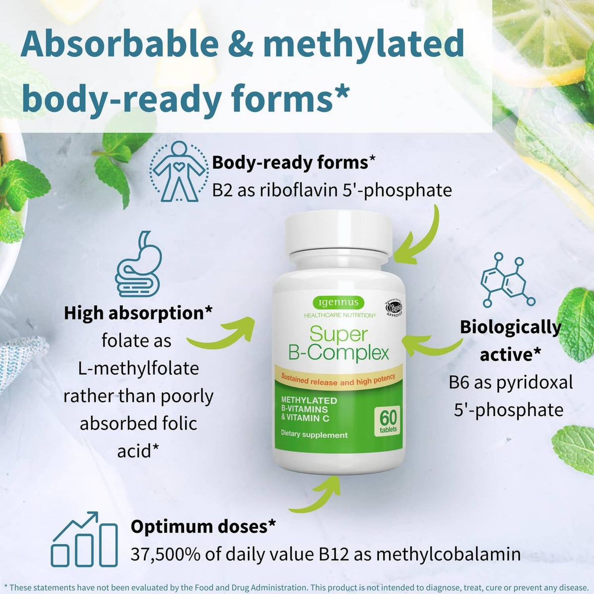 Igennus Super B-Complex bottle shown centered on a nutrition infographic