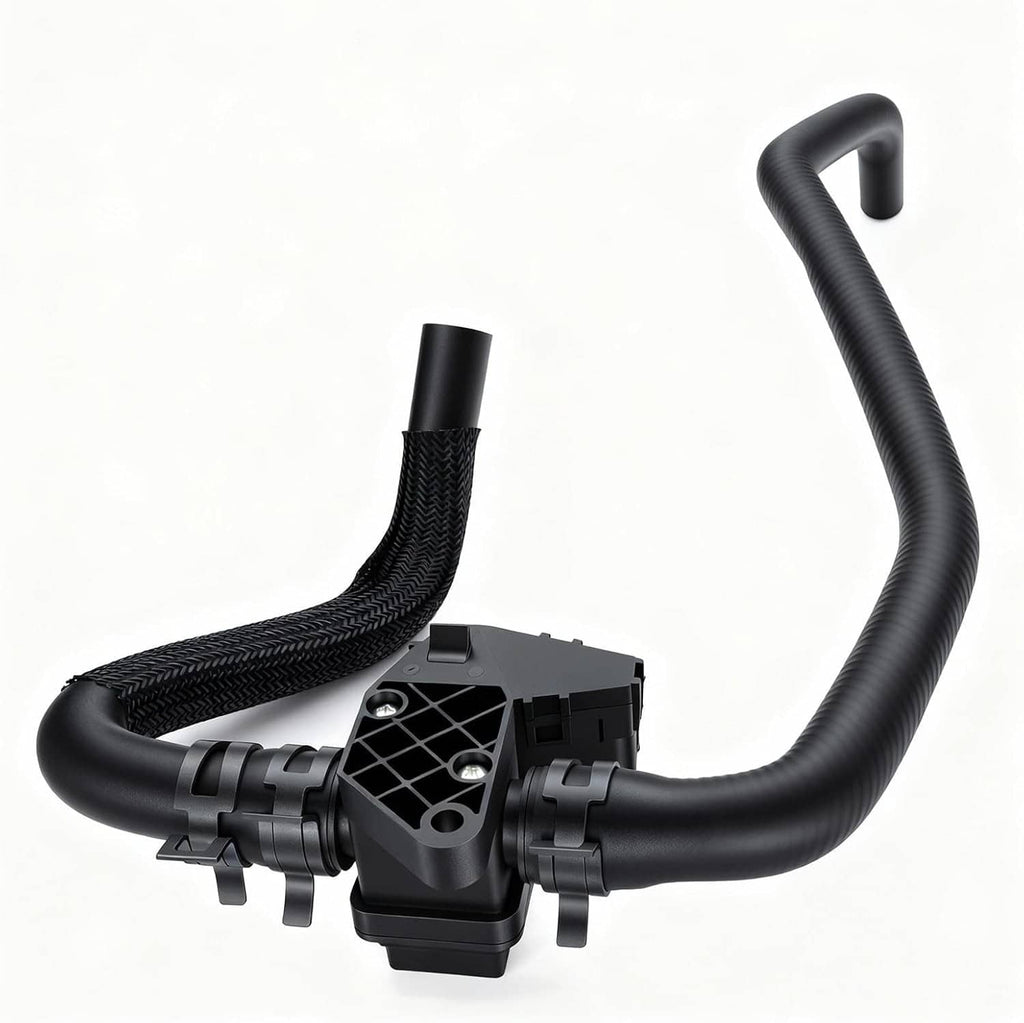 HVAC heater hose control valve with black rubber hoses and inline electrical connector