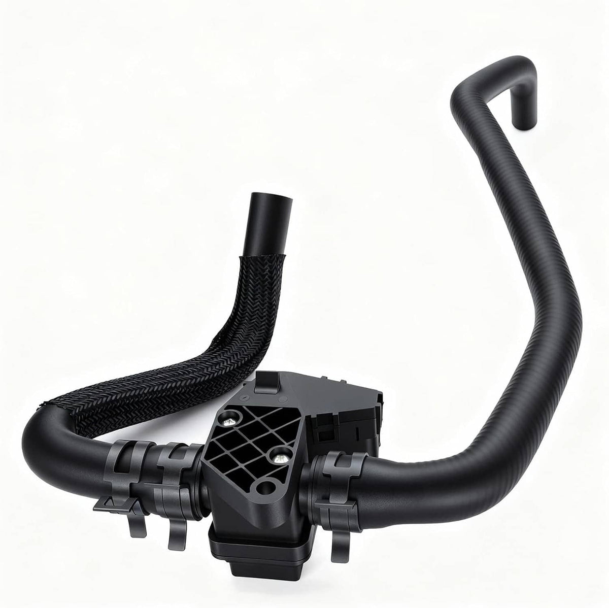 HVAC heater hose control valve with black rubber hoses and inline electrical connector