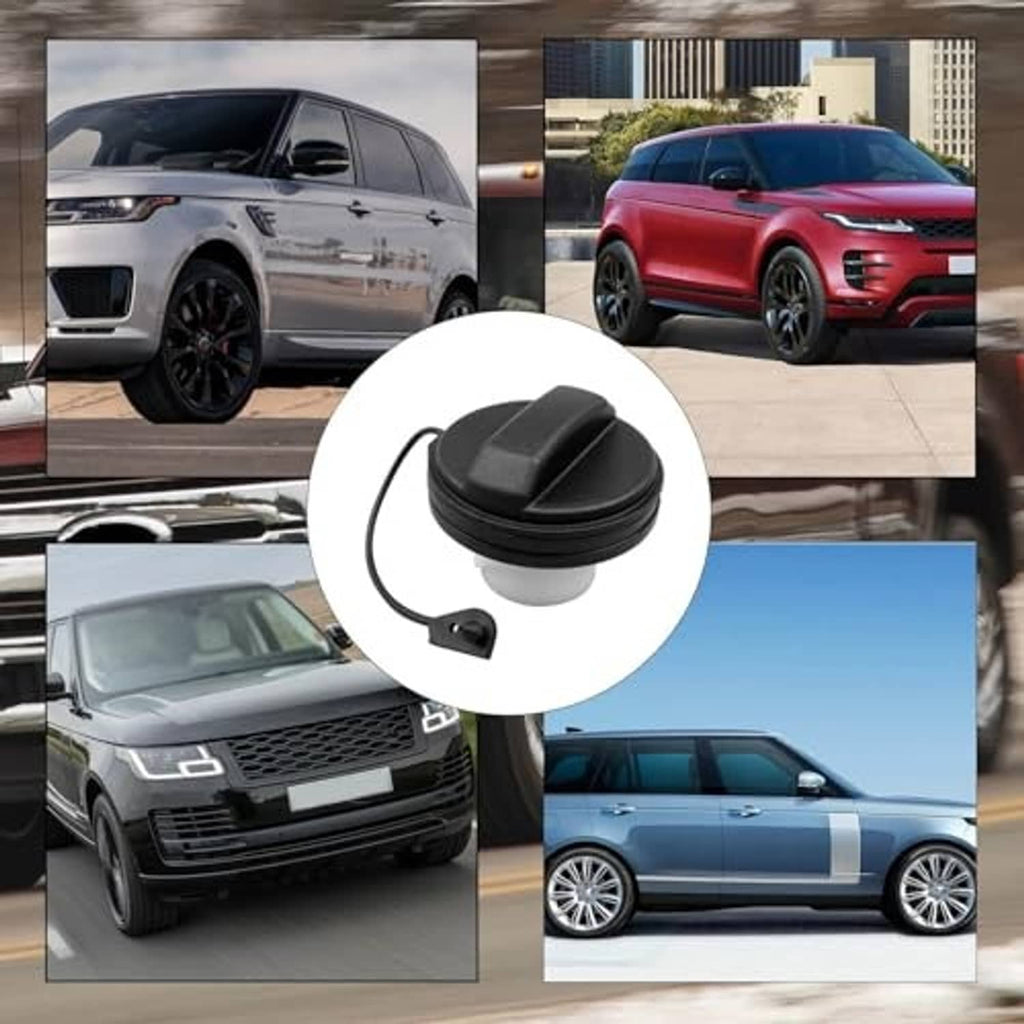 Black fuel tank cap with tether cord, shown centered in an automotive collage