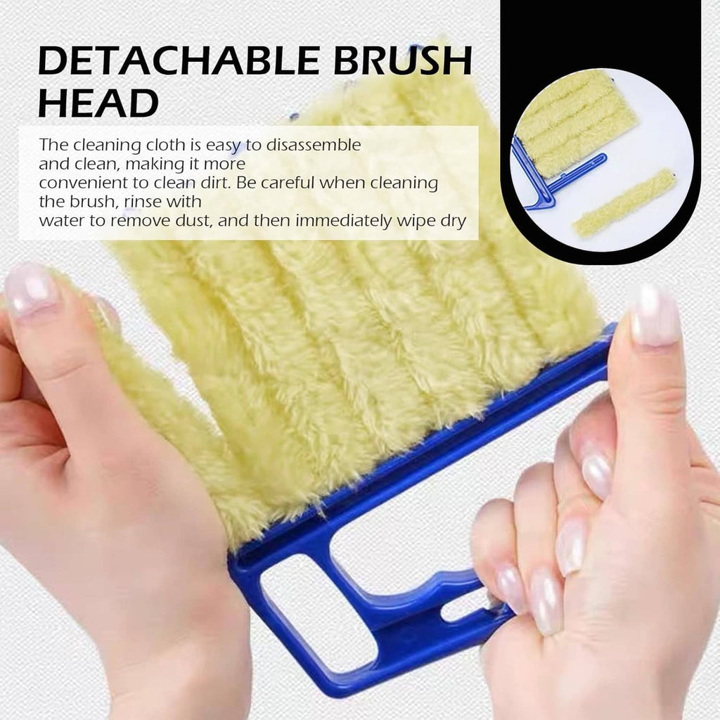 Blue handheld microfiber duster tool with lime green cloth head, held by hands