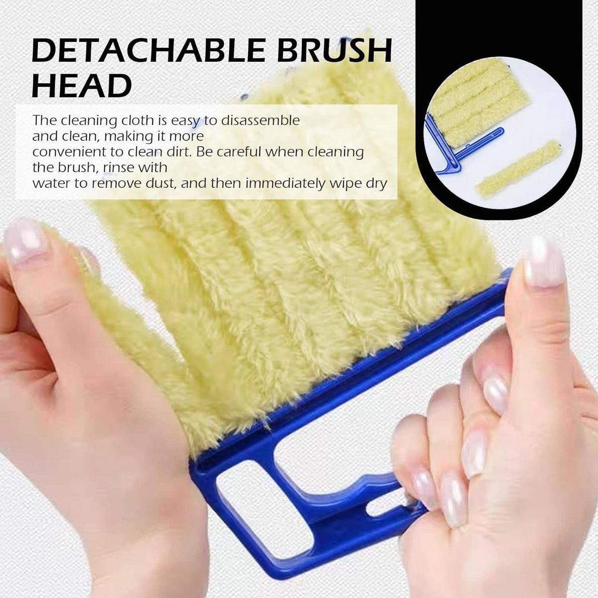 Blue handheld microfiber duster tool with lime green cloth head, held by hands