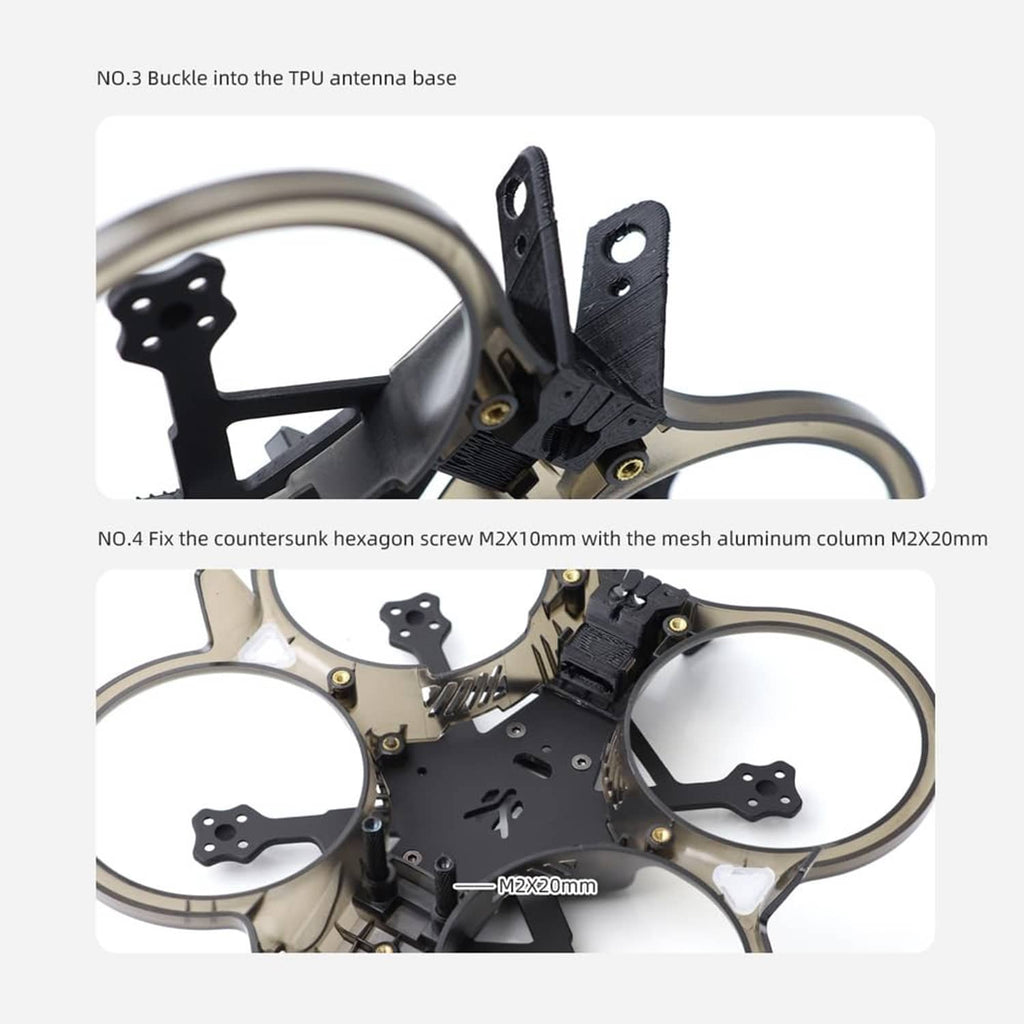 Black cinewhoop FPV drone frame showing antenna base and countersunk mounting hardware