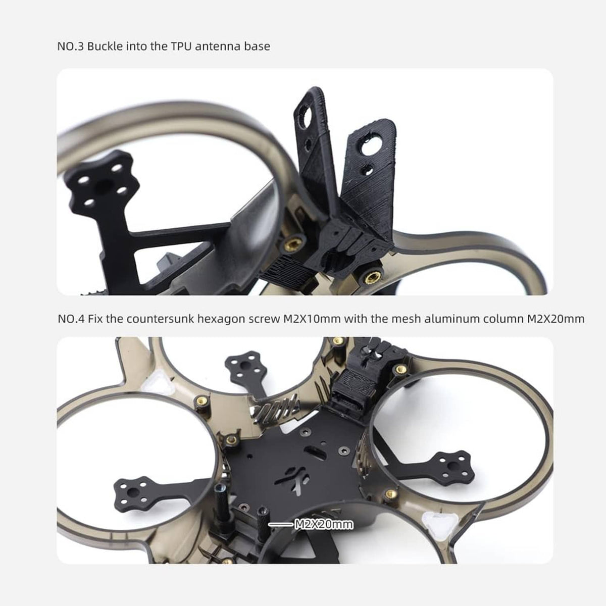 Black cinewhoop FPV drone frame showing antenna base and countersunk mounting hardware