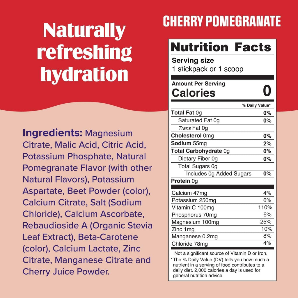 Cherry pomegranate electrolyte drink mix Nutrition Facts label panel