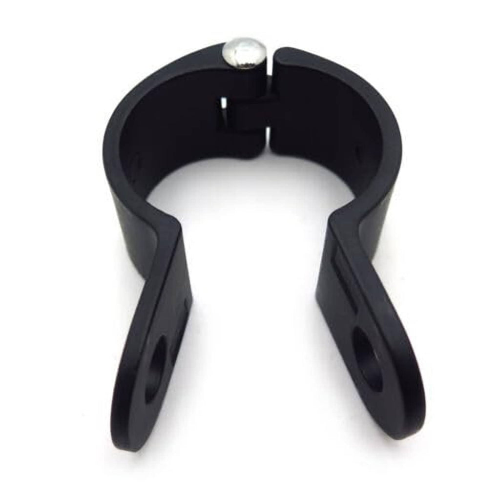 Black motorcycle footpeg clamp pair, open ring with center post
