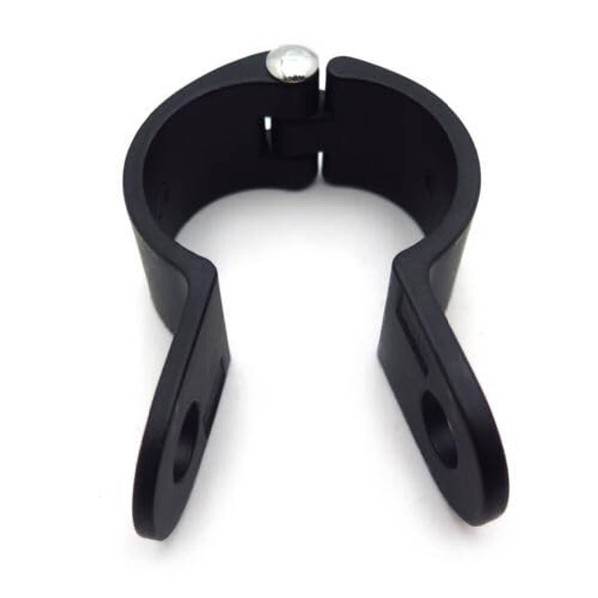 Black motorcycle footpeg clamp pair, open ring with center post