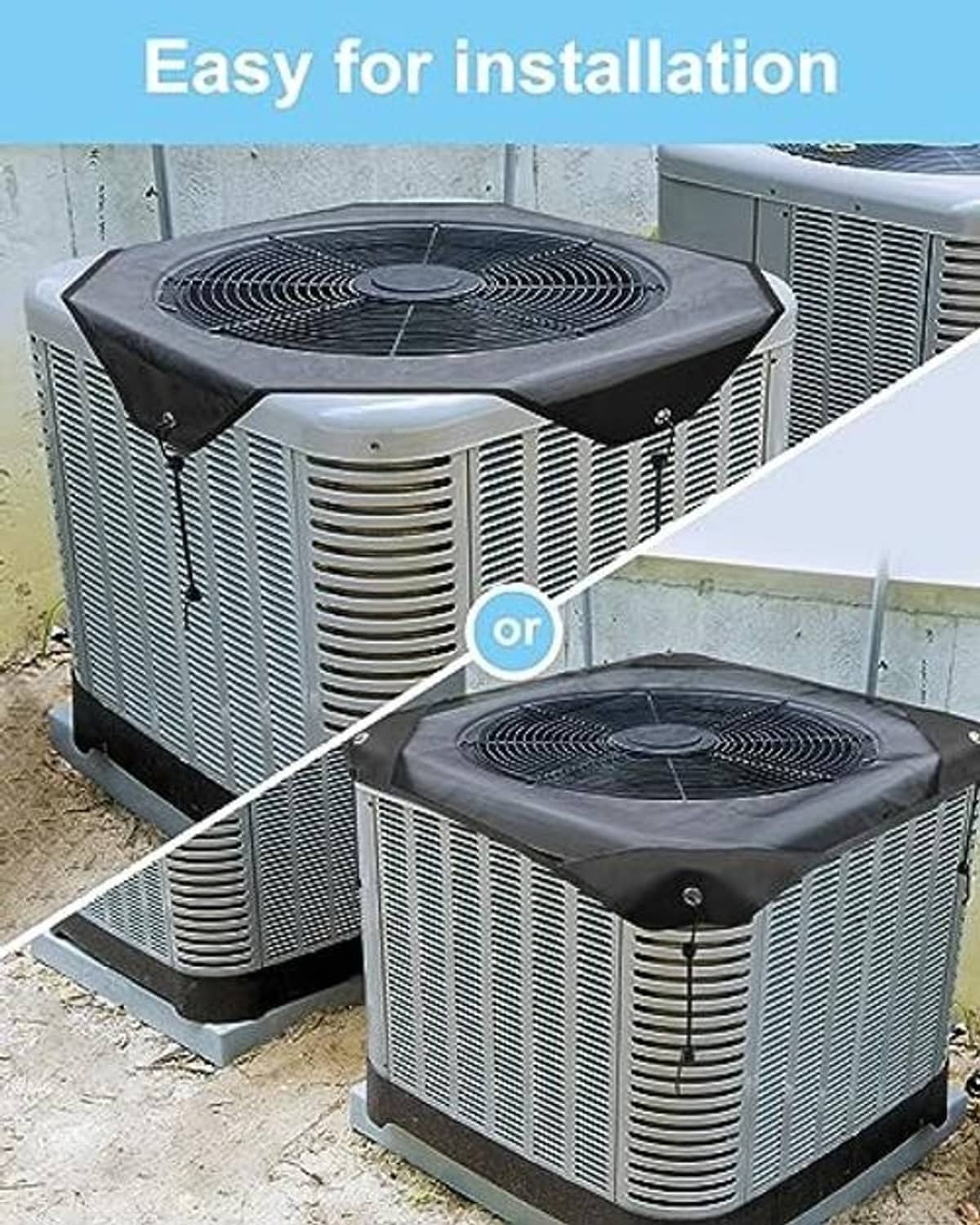 Outdoor air conditioner cover fitted on an outdoor AC unit, black top with straps
