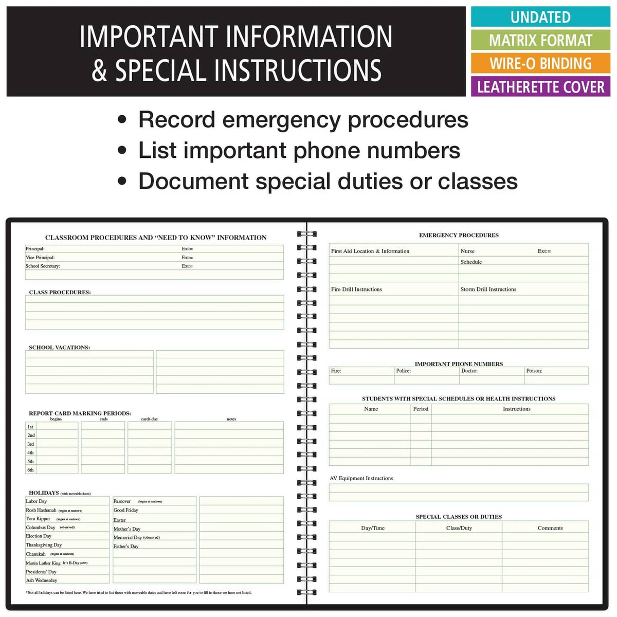 Open planner pages for important information and special instructions