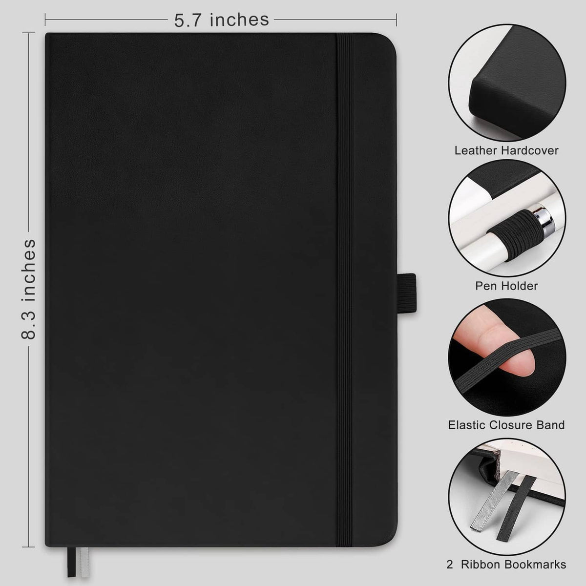 Black A5 journal notebook with hard cover, elastic closure band, and two ribbon bookmarks