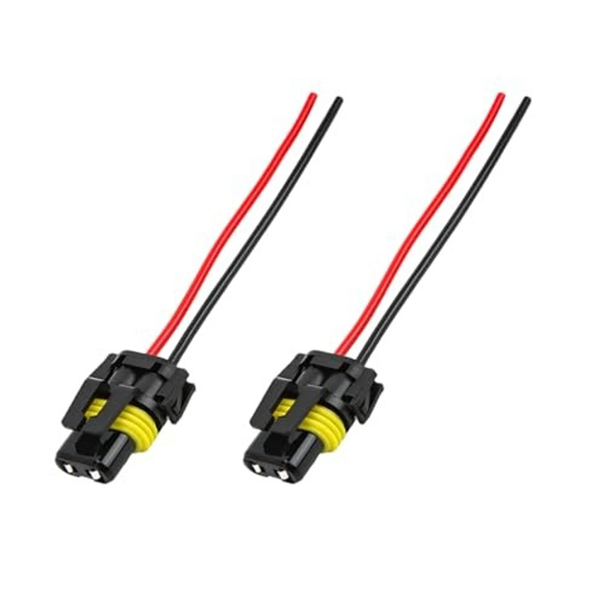 Two headlight plug connectors with red and black lead wires, yellow terminal inserts