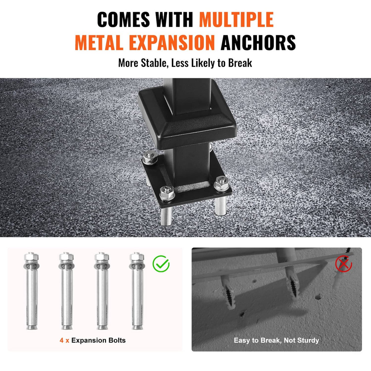 Black handrail mounting base with expansion bolts and metal anchor bolts