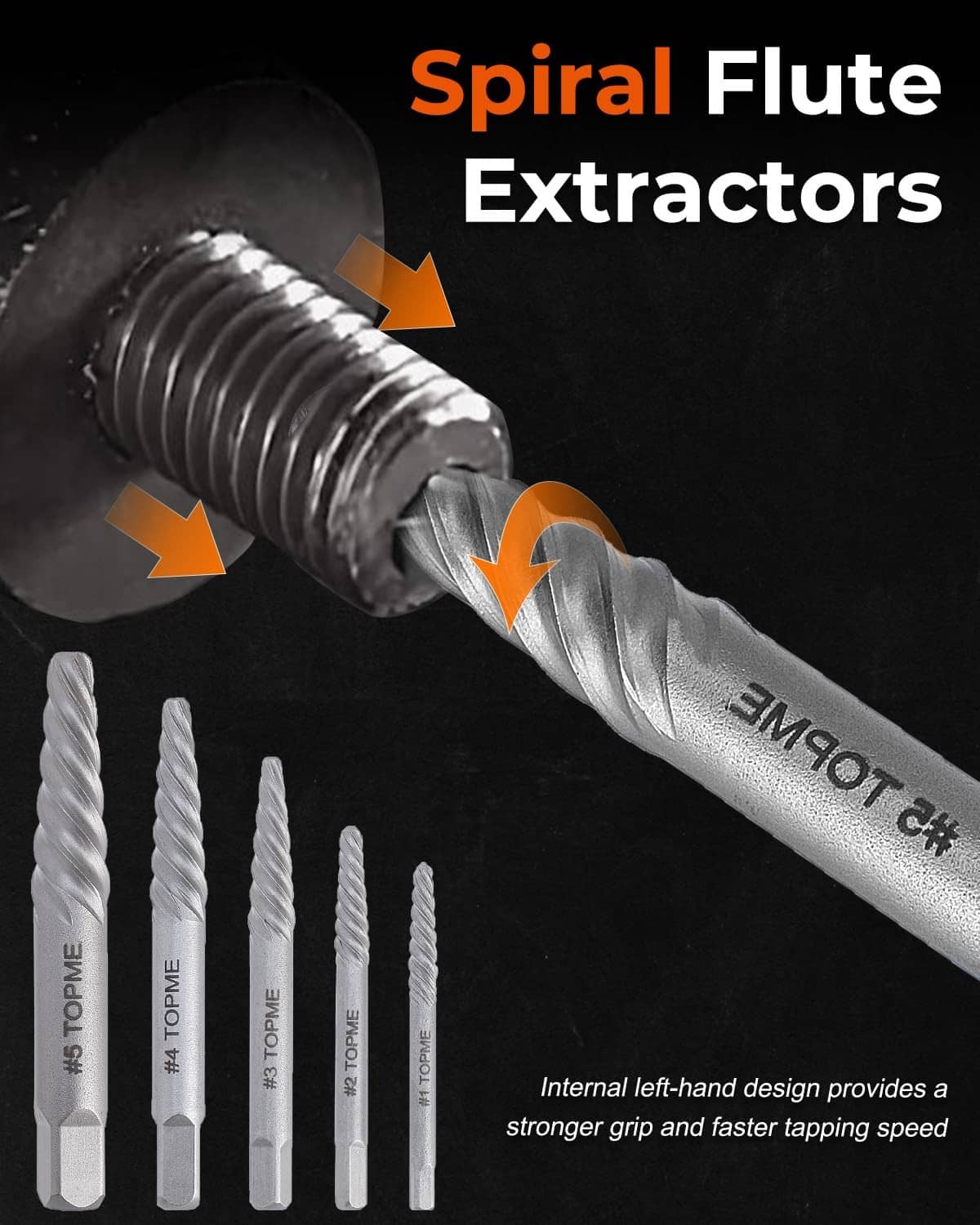 Spiral flute screw extractor drill bits with internal flutes, multiple sizes